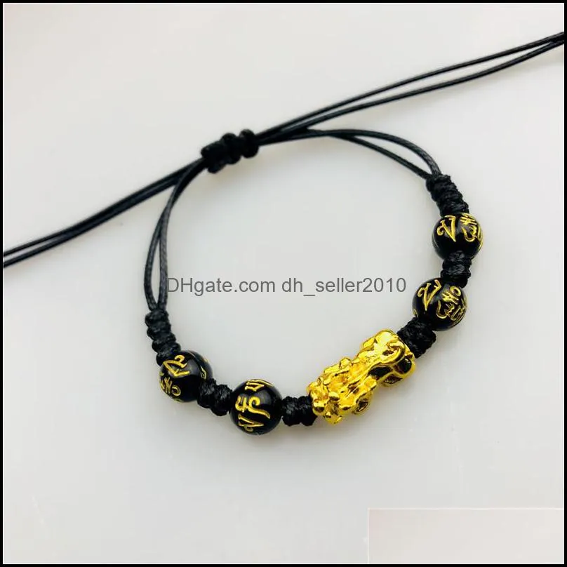 Unisex Obsidian Stone Chain Bracelet Rope Wristband Gold Animal Wealth Health Rich Good Luck Beads Bracelets For Women Men