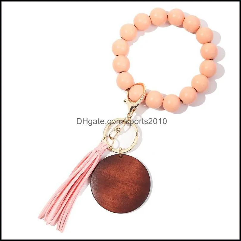 High Quality Party Favor Wooden Bead Wrist Stretch Keychain Bracelet with Tassel Wristband Bangle Keychain 5019 Q2