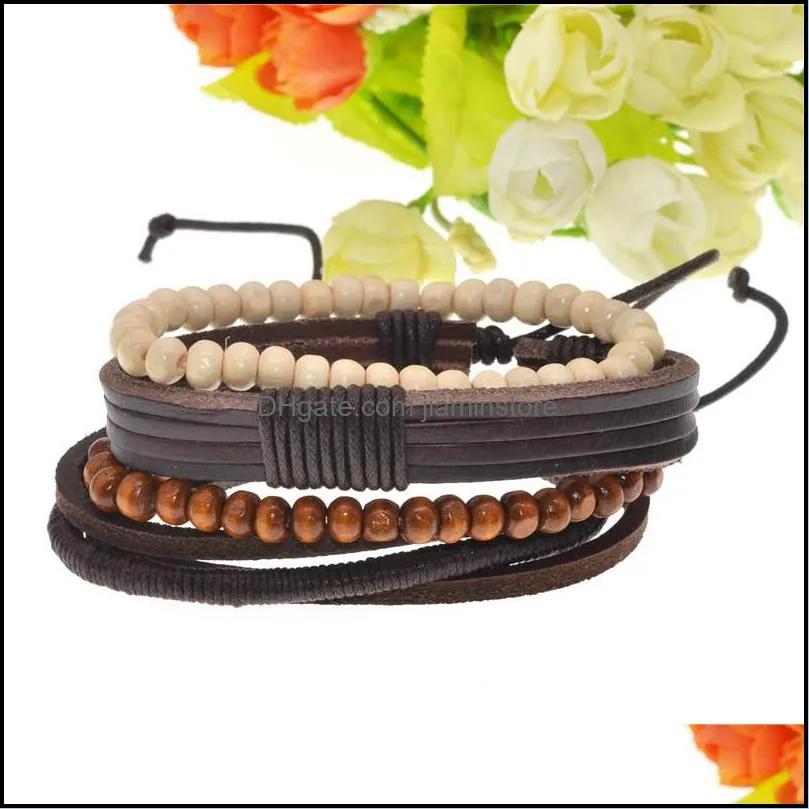 5pcs/set Handmade Beads Rope Woven Men Multilayer Charm Leather Bracelets For Women Homme Fashion Jewelry Accessories Lol