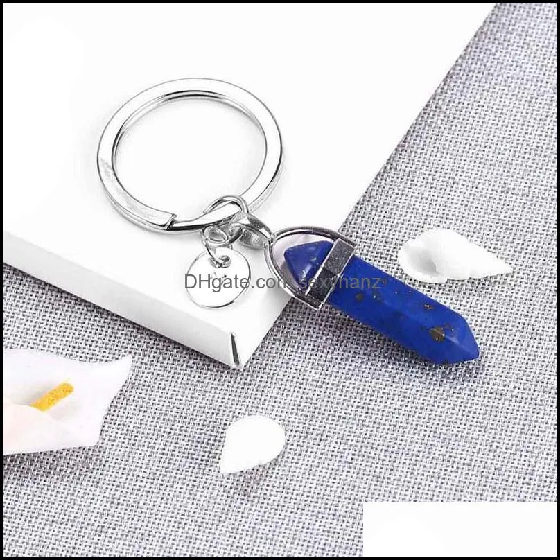 Fashion 26 letter key rings Natural Stone Pendant Keychain Rose Quartz Stones Crystal Lover Key Chains Accessories Jewelry Gift