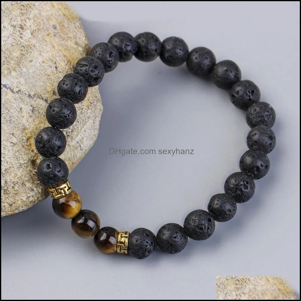 8mm Black Lava Stone Strand Tiger Eye Bead Braclets  Oil Diffuser Bracelet for Women Men Jewelry