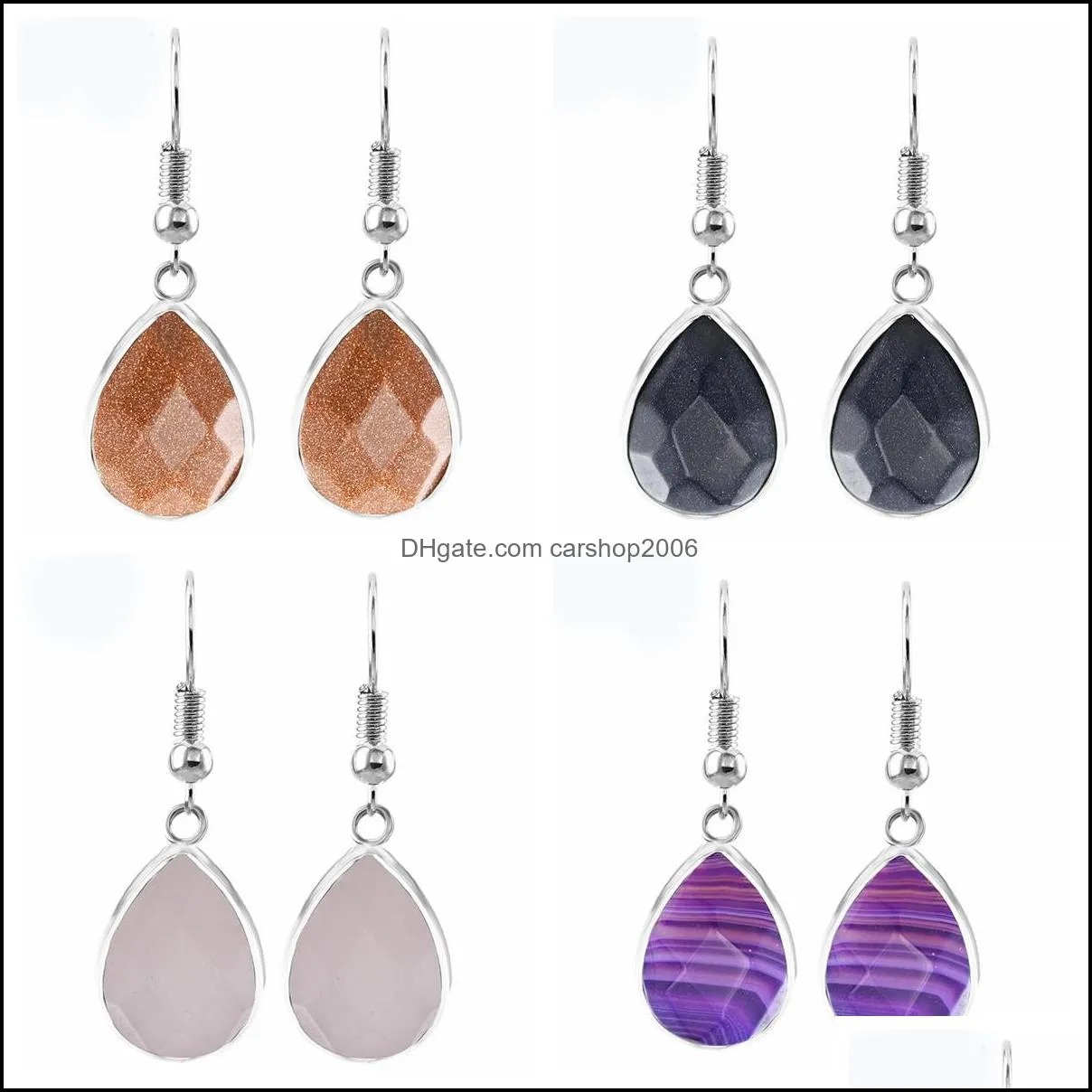 Women Dangle Ellipse Gemstone Earrings Natural Faceted Oval Stone Drop Dangling Healing Chakra Quartz Crystal Spiritual Energy Reiki Balancing Ear