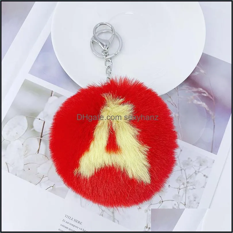 Charm Alphabet Keychains 10cm Artificial Rabbit Fur Ball Letters Keyring Bag Pendant Soft and Plush Pompom Key Chain Jewelry