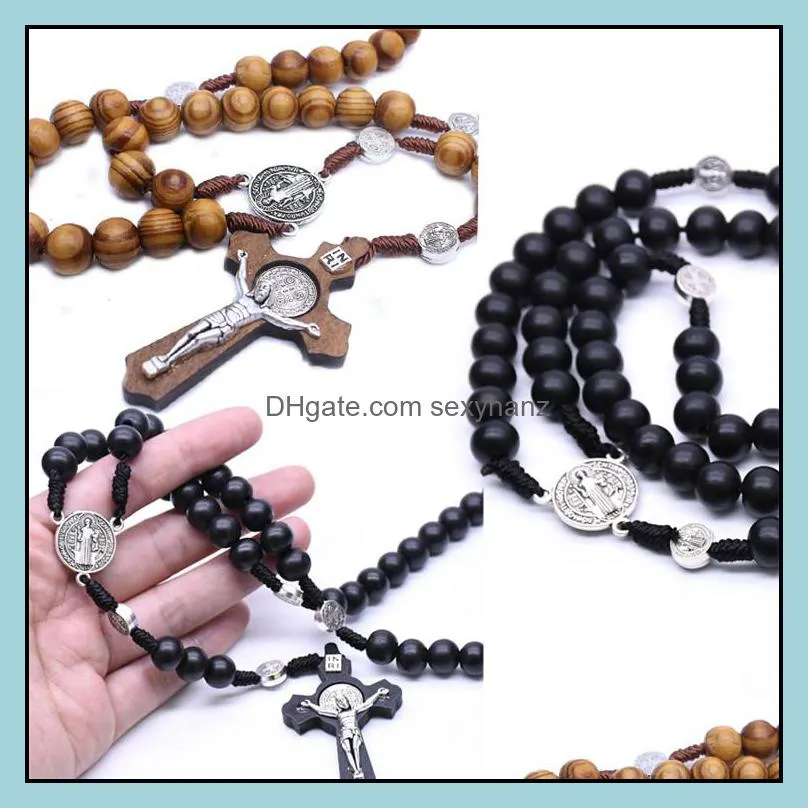 Wooden Bead Rosary Necklace Cross Prayer Jesus Necklaces for Women Men Classic Religious Wood Pendants Jewelry Accessories