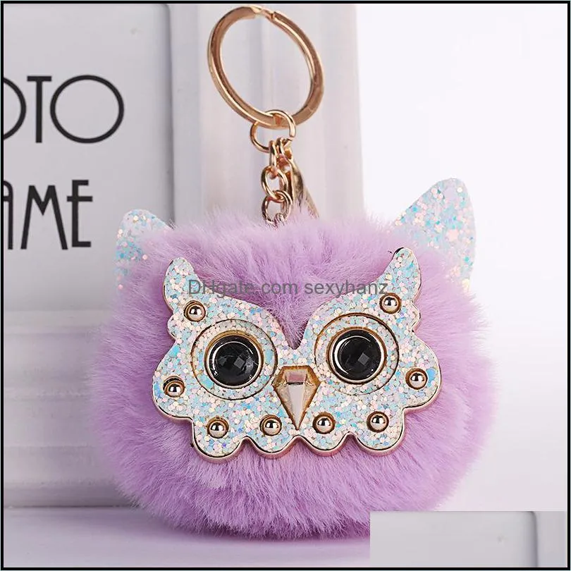 Owl Fluffy Keychain for Women Fur Pompom Ball Keyring Animal Glasses Handbag Key Chains Bag Car Pendent Charms Accesories P44FA