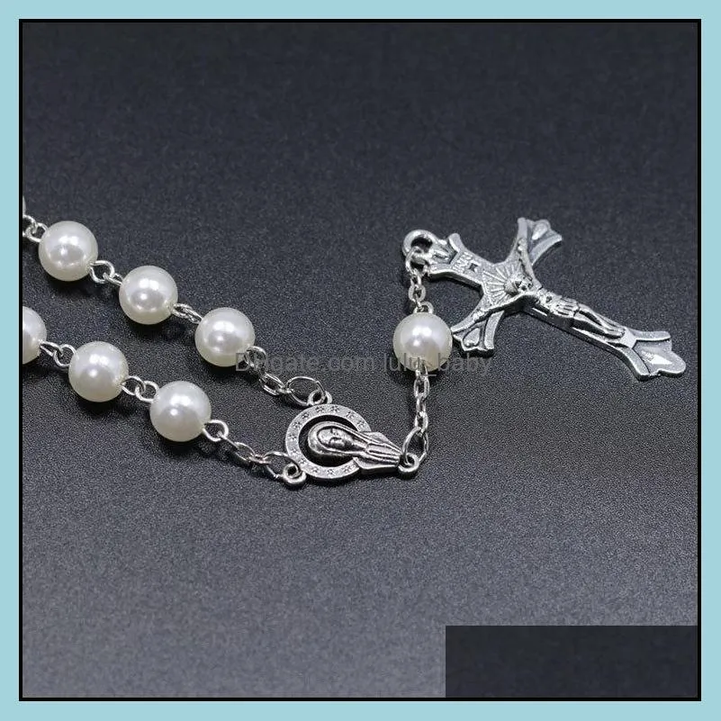 catholic rosary bracelets wood beads white pearl christ cross jesus virgin bracelet religious jewelry for women n200fz
