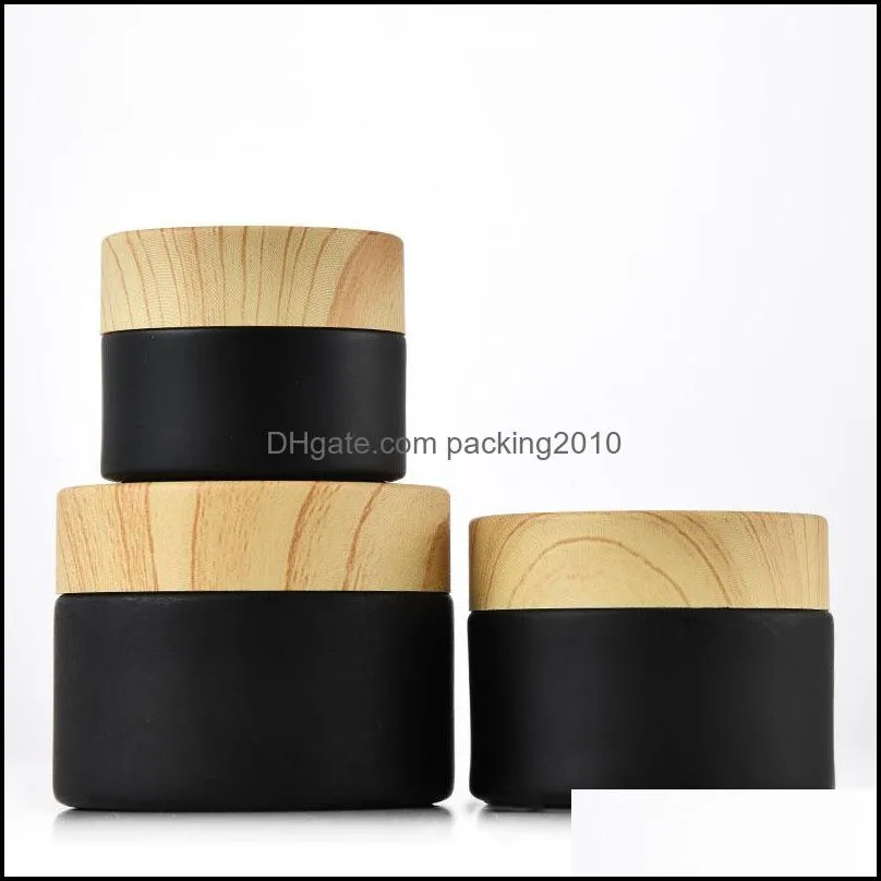 Black frosted glass jars cosmetic jars with woodgrain plastic lids PP liner 5g 10g 15g 20g 30 50g lip balm cream containers 452 S2