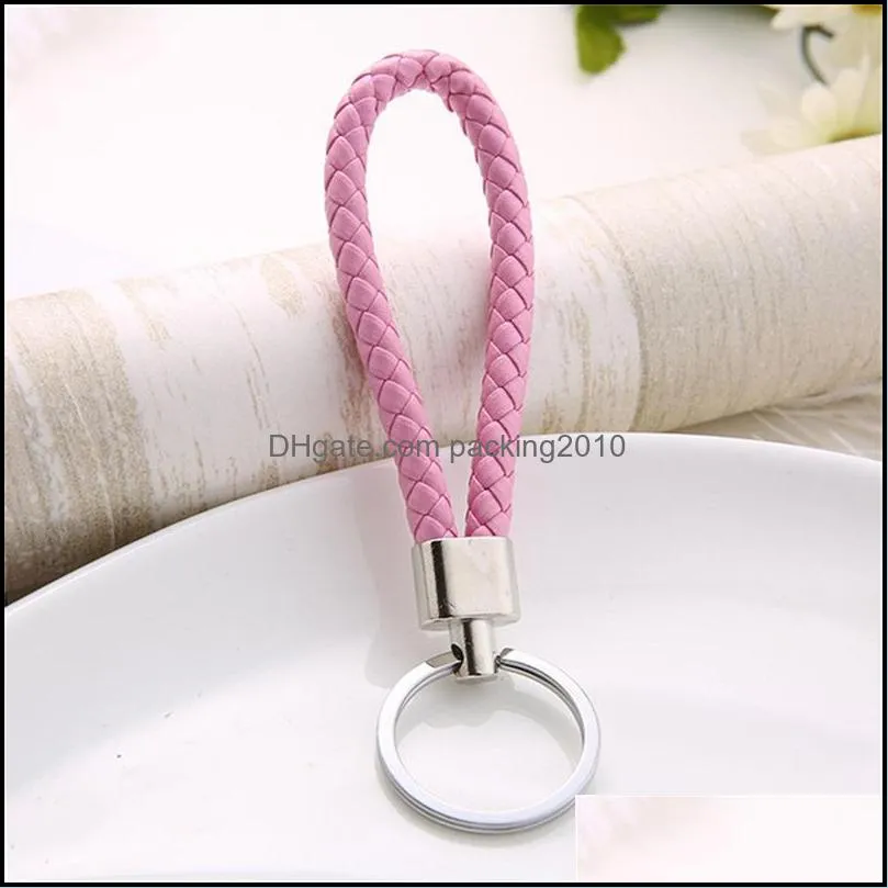 CR jewelry Mix color PU Leather Woven Keychain Rope Rings Fit DIY Circle Pendant Key Chains Holder Car Keyrings Jewelry accessories 728