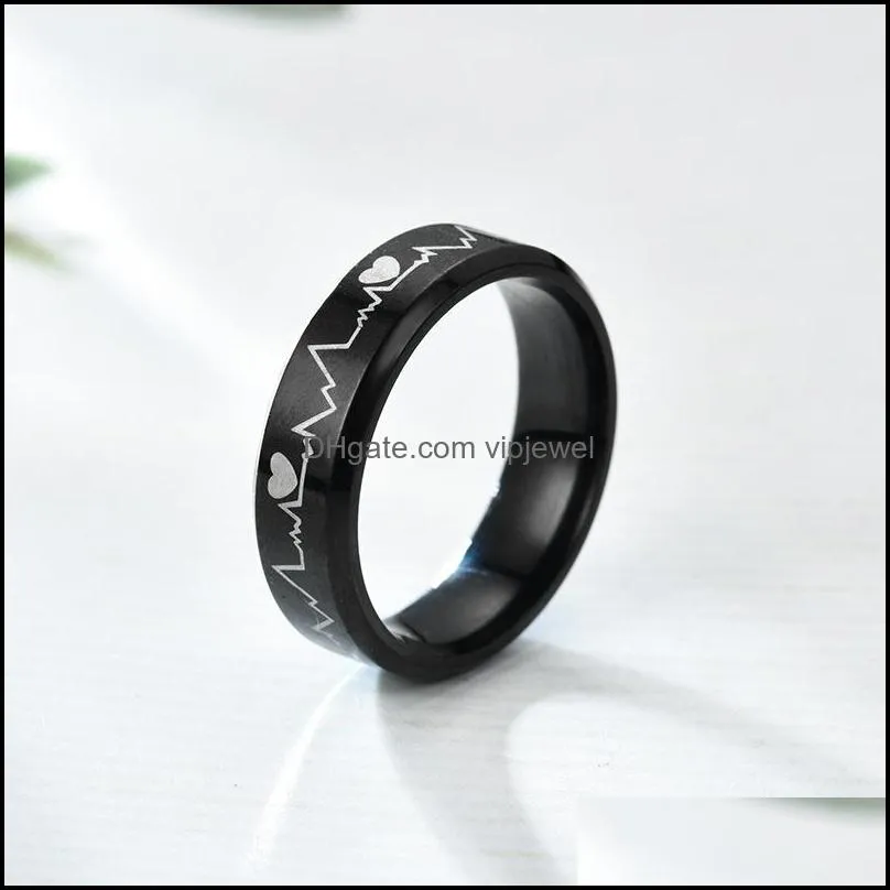 personalized stainless steel band rings high polishing black heartbeat ecg design rings for men wedding gifts 5-12 113 m2