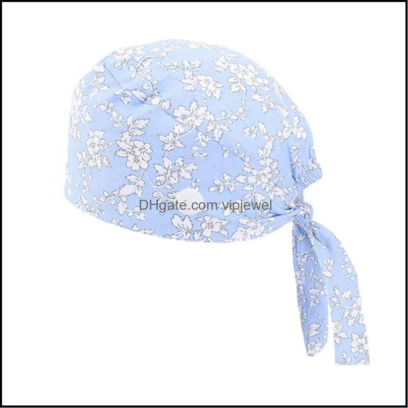 Doctor Nurse Hat Operating Room Cap for Women Woman Pure Cotton Print Lace-Up Caps Buckle Anti Strangulation Hats