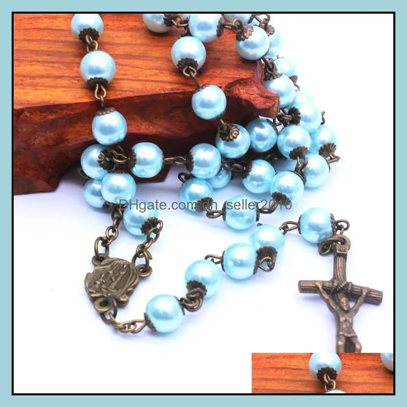 blue pearl rosary necklace women men vintage jesus cross necklaces pendant classic handmade prayer chains religious jewelry