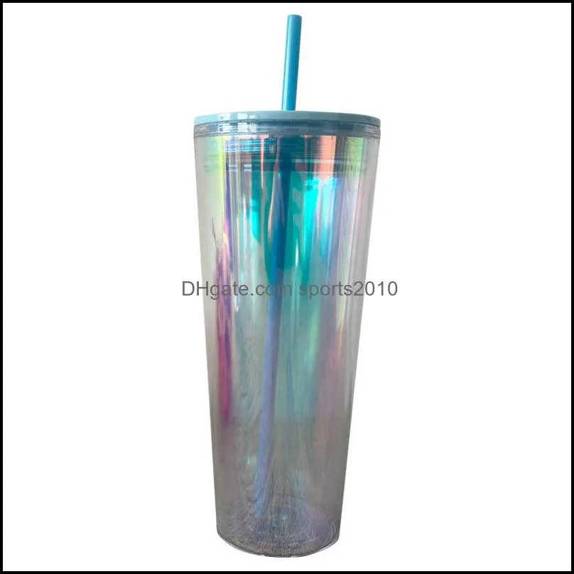 New Flat Lid 710ml 24oz Clear Plastic Double Wall Tumbler With Straw And Lid Lid Reusable Coffee Tea Mugs 6070 Q2