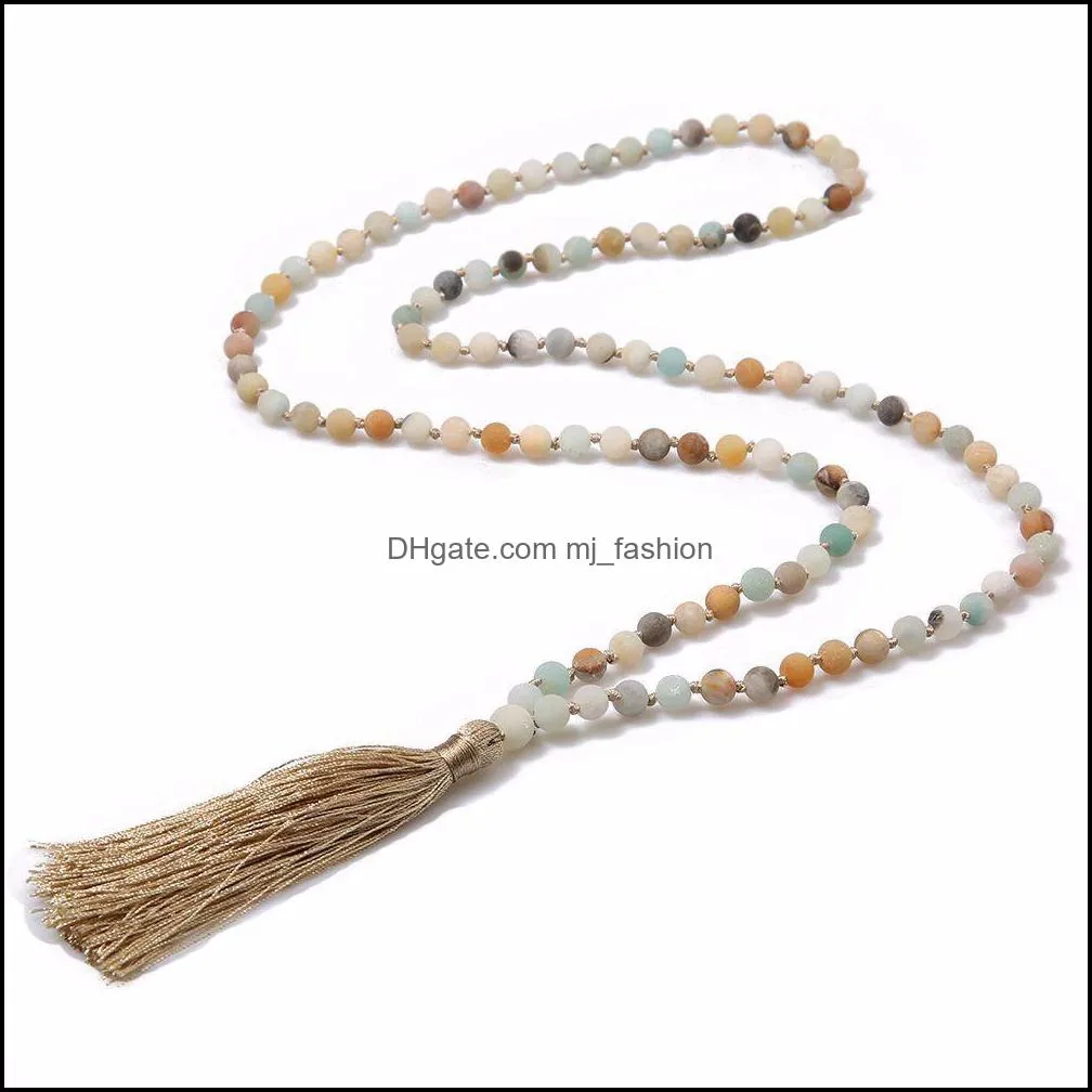 long matte amazonite stone necklace wrap bracelets with tassel pendant women men handmade jewelry for yoga buddhist meditation rosary