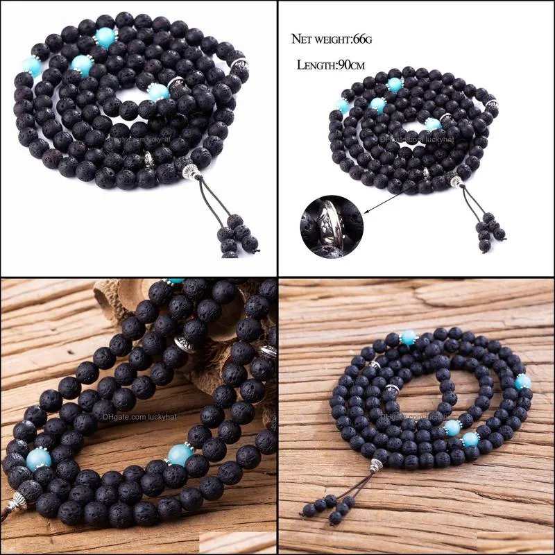 10pc/set Natural Stone Beads Elastic Lava Rock Bracelet With Round Stainless Steel Charm Bead Handmade Jewelry