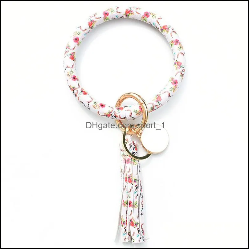 Leather Wristlet Keychain Bracelets Bangle Creative Round Key Ring Large Circle Tassel Keychains Bracelet Holder for Women