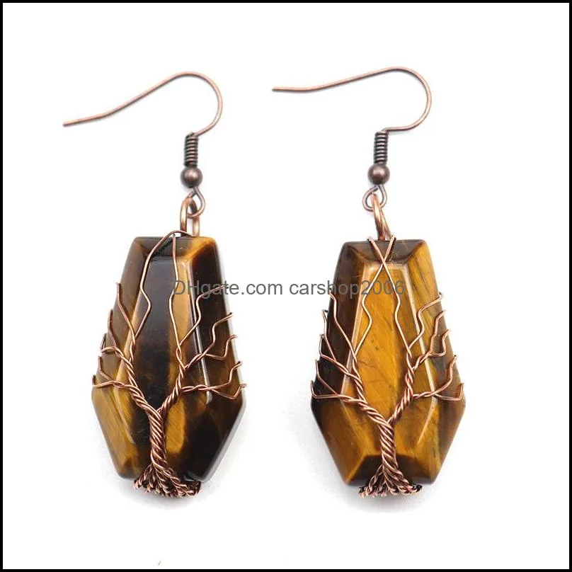 bronze natural stone crystal agate dangle earrings wrap tree of life lucky treature coffin shape charms earrings wholesale women