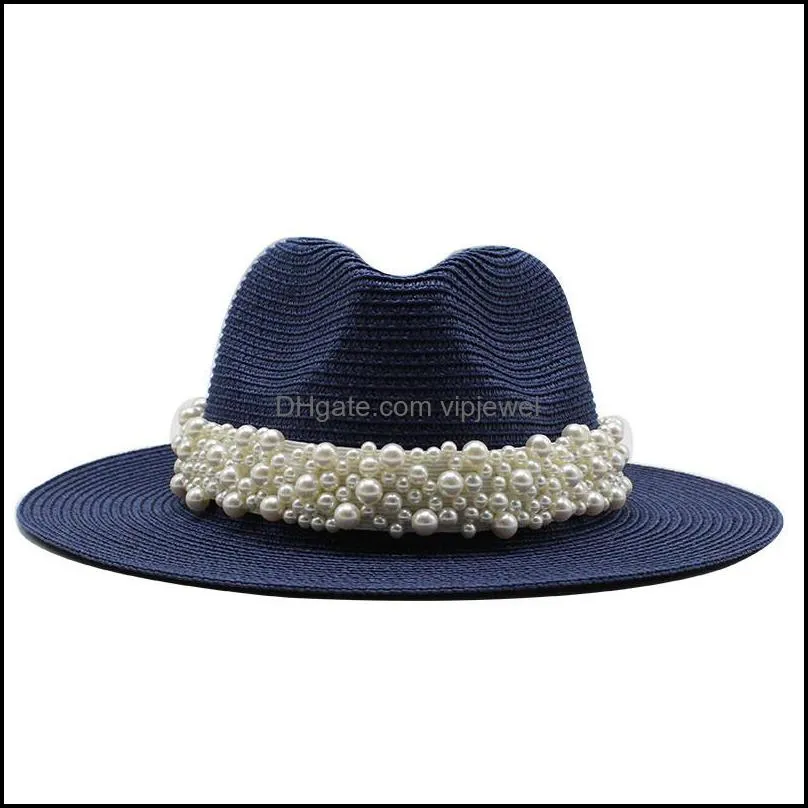 Women Jazz Straw Hat Beach Sun Protection Cap Ladies Pearl Wide Brim Caps Woman Girls Fashion Travel Hats Spring Summer NEW