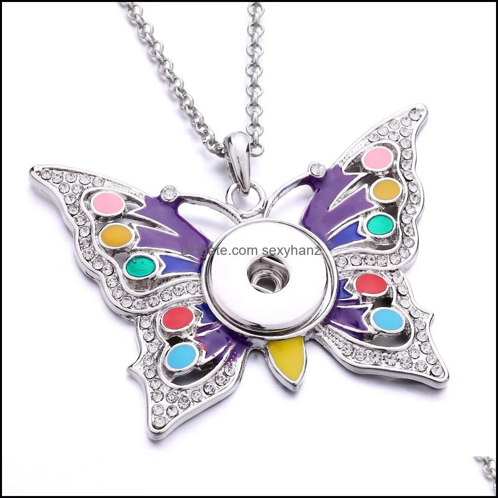 Snap Button Jewelry Rhinestone Colorful Butterfly Shape Pendant Fit 18mm Snaps Buttons Necklace for Women Men Noosa