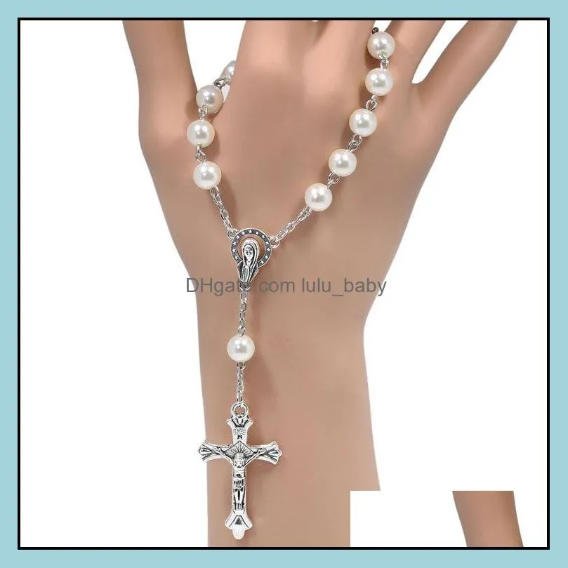 catholic rosary bracelets wood beads white pearl christ cross jesus virgin bracelet religious jewelry for women n200fz