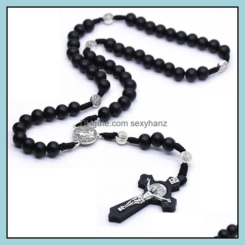 Wooden Bead Rosary Necklace Cross Prayer Jesus Necklaces for Women Men Classic Religious Wood Pendants Jewelry Accessories