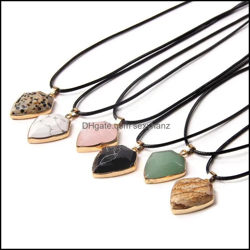 Gold Edged Natural Crystal Stone shield Shape Necklace Rose Quartz Hexgonal Pendant Necklace for Women Men Jewelry Gifts