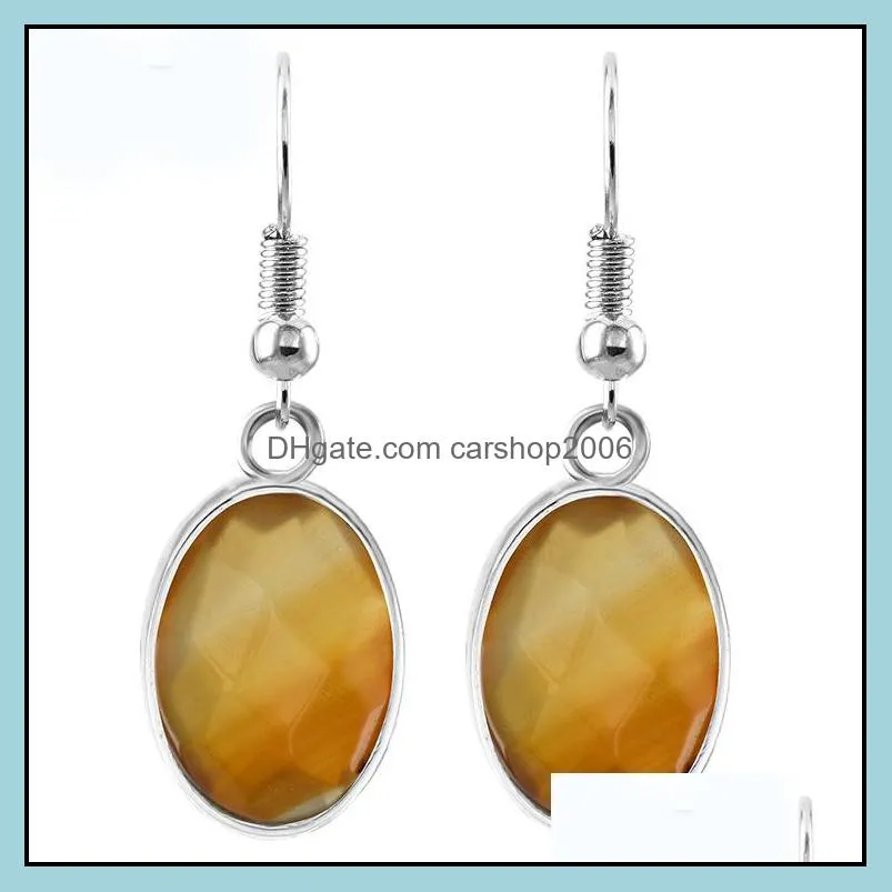 Women Dangle Ellipse Gemstone Earrings Natural Faceted Oval Stone Drop Dangling Healing Chakra Quartz Crystal Spiritual Energy Reiki Balancing Ear