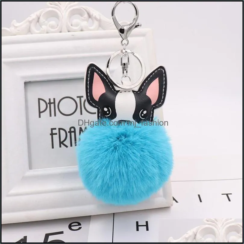 women dog faux fur pompom key rings jewelry high quality stylish fluffy plush keychains holder charm pendant keyring ornament