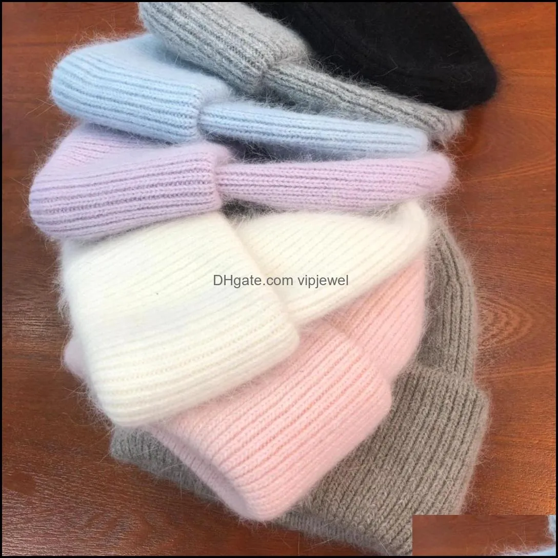 Women`s Hat For Women Winter Real Rabbit Fur Knitted Hats Girls Thick Beanie Female Beanies Woman Cap Fashion Solid Warm Skull Caps Lady Headwear