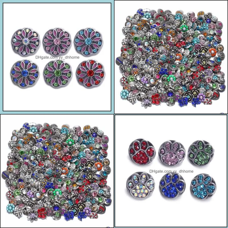 12mm mixed rhinestone flower snap button jewelry components black metal snaps buttons fit bracelet bangle noosa