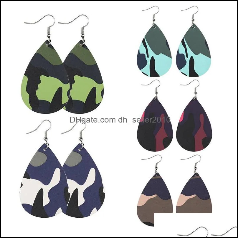 Fashion Camouflage PU Leather Printing Teardrop Dangle Earring for Women Bohemian Leopard Print Drop Double Side Earrings Jewelry