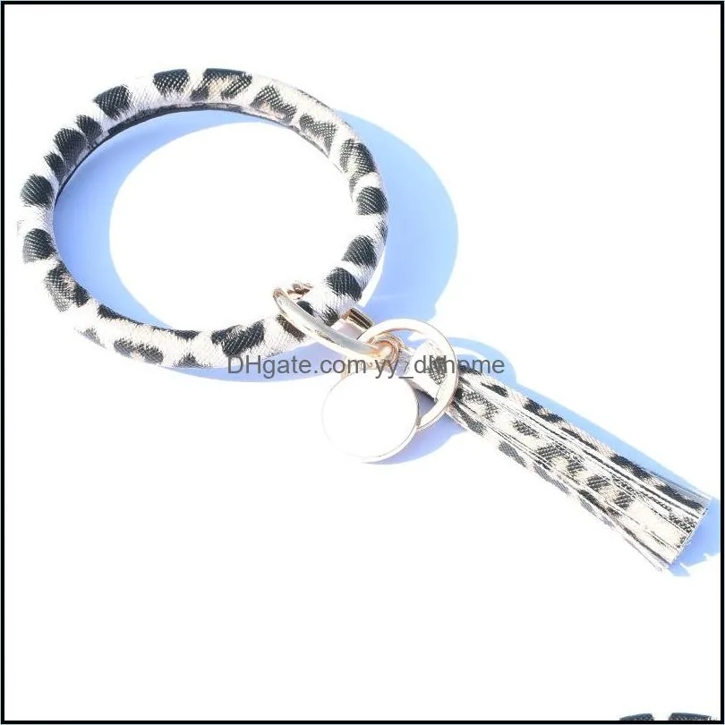 Car Leather Bracelet Keychain Leopard PU Monogrammed O Key Ring Circle Bracelet Wristlet Jewelry Wrist Strap Women Gift Q22FZ
