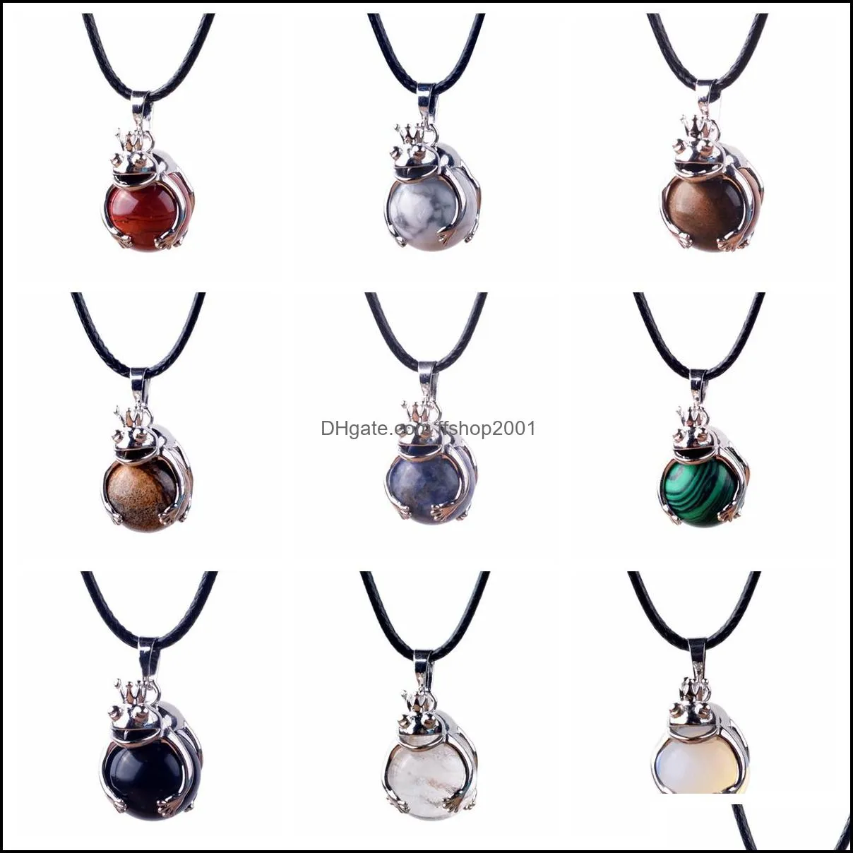 12PCS Women Silver Copper Elegant Frog Pendant 16MM Natural Stone Balls Sphere Crystal Pendants Chakra Necklace Jewelry