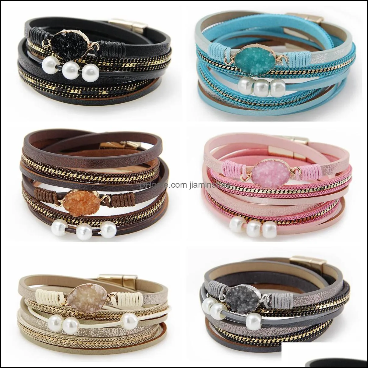 Leather Wrap Bracelet Magnetic Clasp Multi Layer Strand Bohemian Rope Wristbands Cuff Crystal Bangle Jewelry for Women Teen Girls Wife