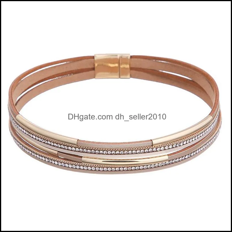 New Fashion Multilayer Wrap Leather Bracelet Bangle for Women Trendy Crystal Open Cuff Bracelet with Magnetic Buckle Wristbands