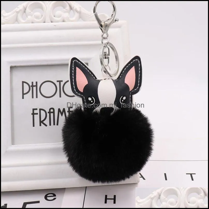 women dog faux fur pompom key rings jewelry high quality stylish fluffy plush keychains holder charm pendant keyring ornament