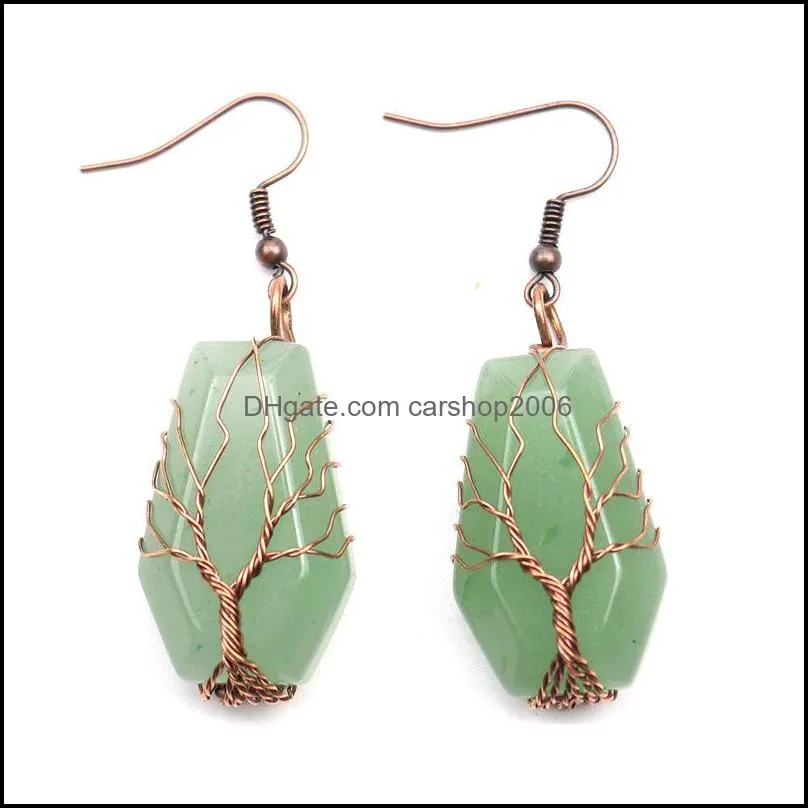 bronze natural stone crystal agate dangle earrings wrap tree of life lucky treature coffin shape charms earrings wholesale women