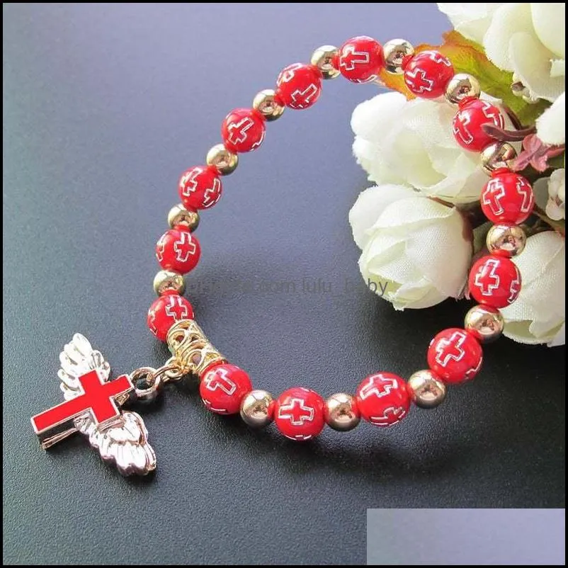 religious prayer bangle rosary bracelets bronzing acrylic cross bead bracelet angel wings pendant chains jewelry free dhl