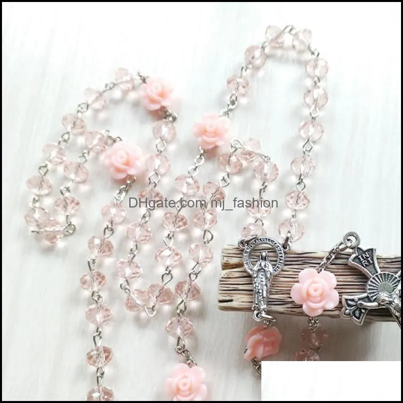 pink crystals beads rosary necklace handmade religious jewelry for women men fashion rose flowers jesus cross prayer necklaces