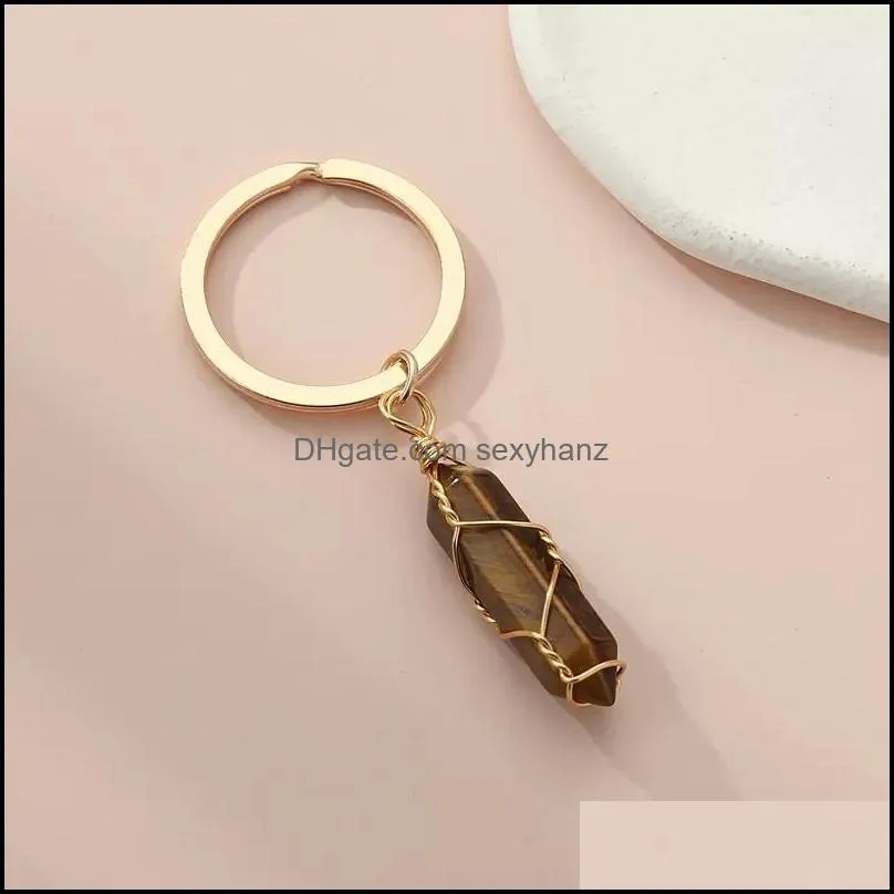 Wire Wrap Natural Stone Hexagonal Prism Key Rings Healing Crystal Pink Crystal Car Decor Keyholder Keychains for Women Men