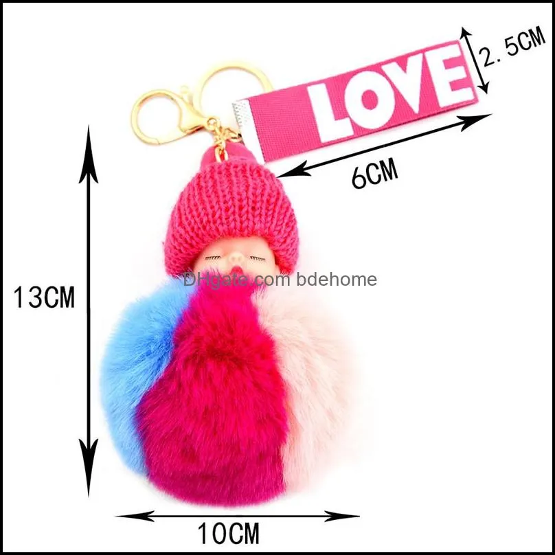 faux fur ball keychains adorable children plush toys cute colorful sleeping baby doll keyring women fluffy pompom key ring