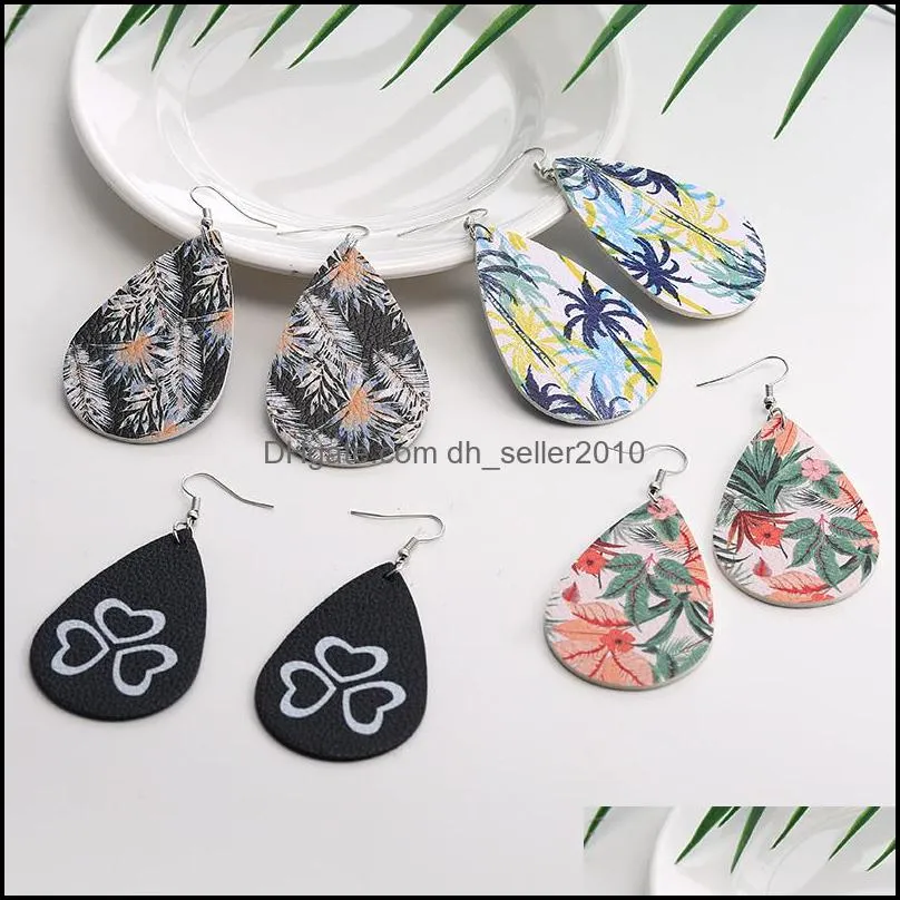 Unique Design Heart Leaf Flower Print Leather Teardrop Earrings for Women Water Drops Faux PU Leather Dangle Earrings Christmas