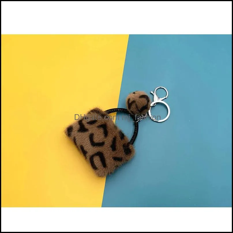 leopard handbag key ring cute mini wallet keychain pompom plush keyrings girls fashion fluffy keychains car bag accessories
