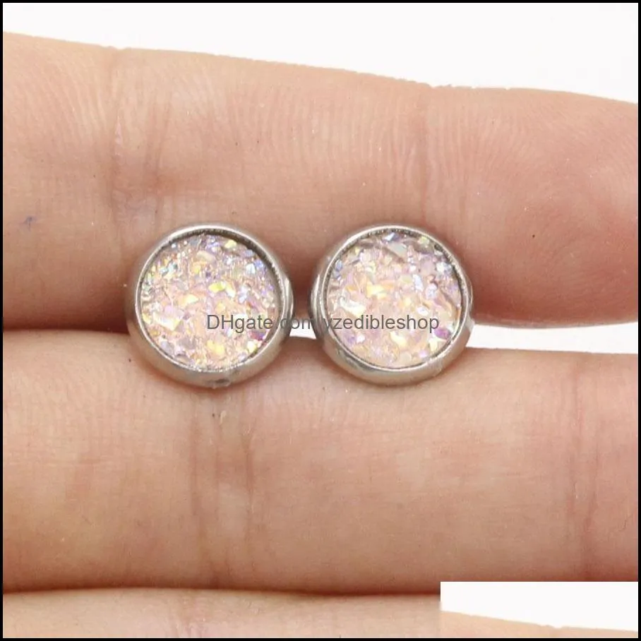 mini round stainless steel stud 8mm resin druzy drusy earrings handmade stud for women jewelry men