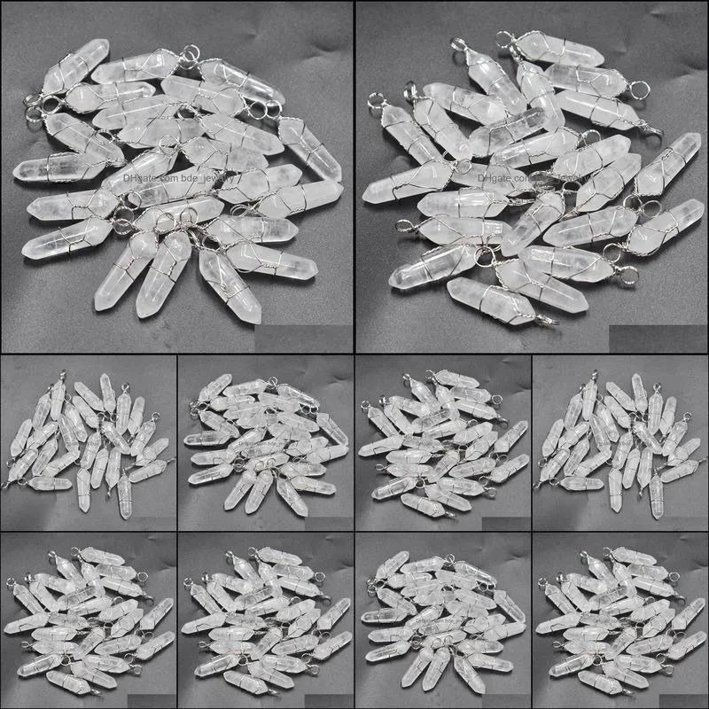 natural stone white crystal hexagonal pillar charms quartz stone chakra handmade iron wire pendants for jewelry making wholesale