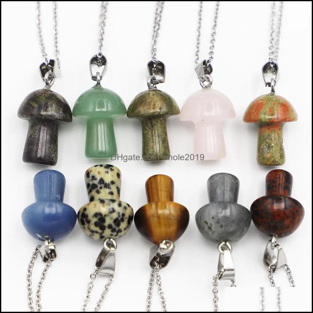 fashion natural stone mushroom necklace pendant cute mini statue reiki charms crafts jewelry whoelsale