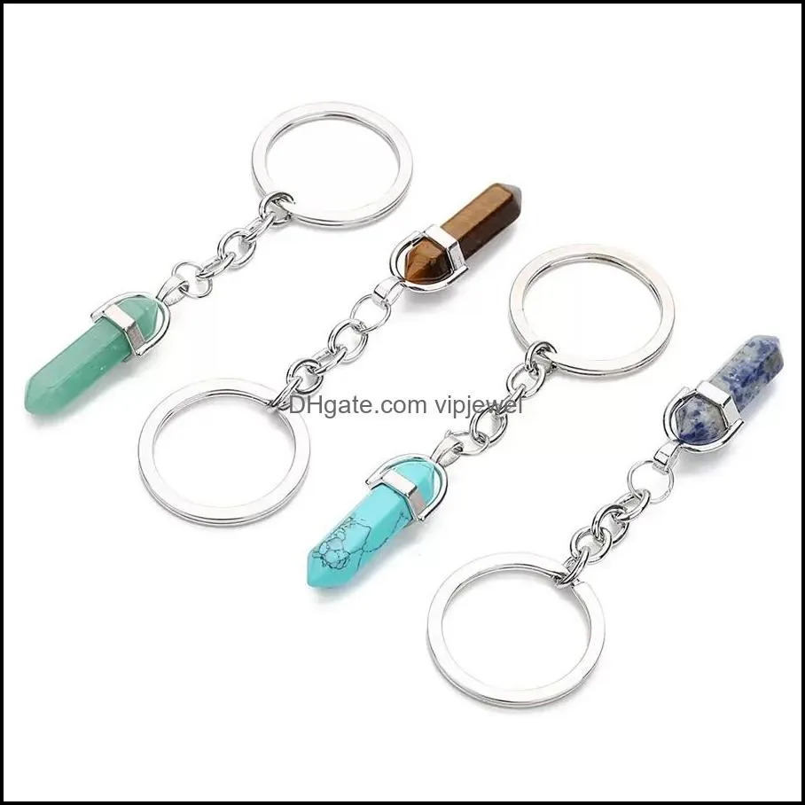 natural stone crystal key rings handbag dangle holder keychains hexagonal column pendulum amulet real agates tiger eye opal pink quartz key