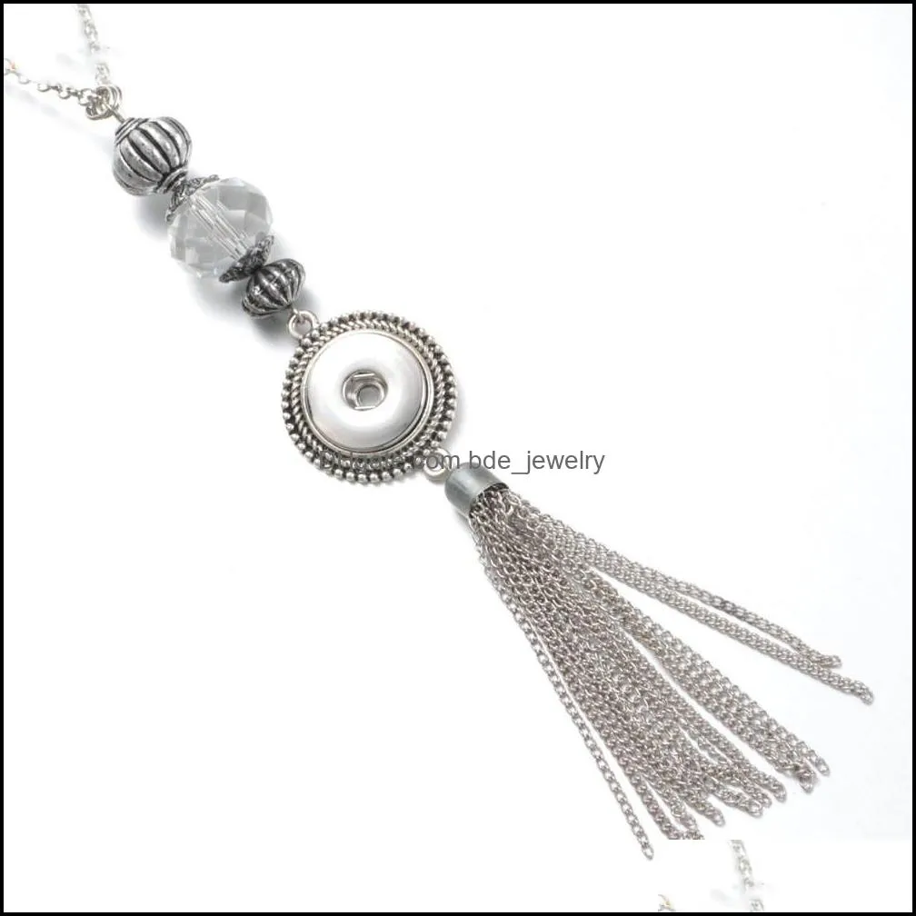 snap button jewelry long chain tassel rhinestone pendant fit 18mm snaps buttons necklace for women men noosa