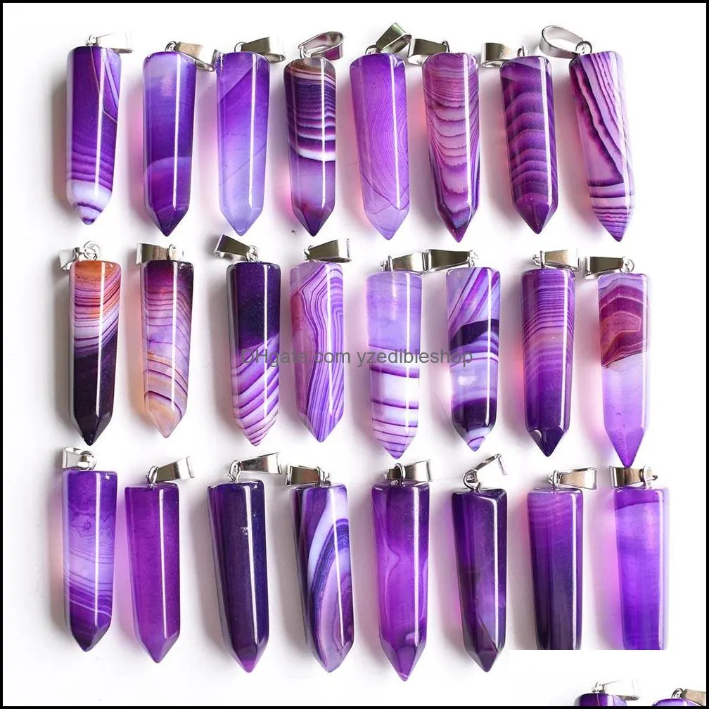 fashion purple pink green stripe onyx pillar shape charms point chakra agate stone pendants for necklace earrrings jewelry making