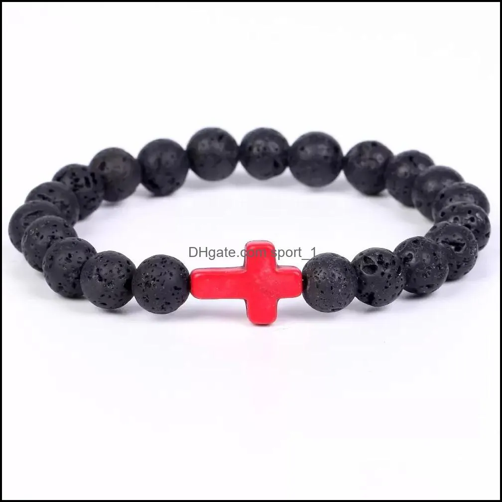 trendy 8mm black lava stone turquoise bead cross strands bracelet  oil diffuser volcanic beads bracelet for women men jewelry