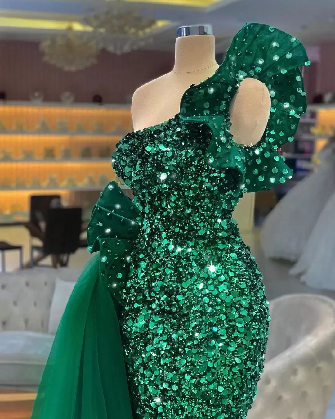 Dark Green Mermaid Evening Dresses Sparkling One Shoulder Sequins Velvet Tulle Floor Length Prom Dress Pageant Formal Gown Custom Made